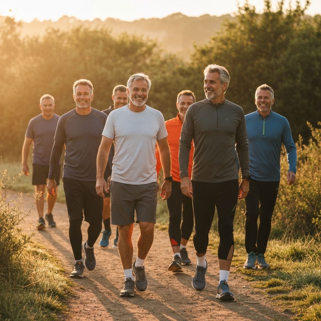 Men 40+ enjoying morning walk outdoors